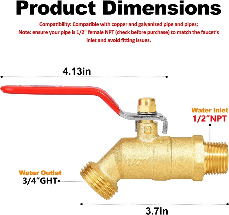 SIGURANTA 1/2" NPT × 3/4" GHT Brass Outdoor Spigot - 1/4-Turn Heavy-Duty Sillcock Hose Bibb, Patio Sillcock for Garden Hose/Car Washing, Ideal as Garden Faucet（Long Handle + Leak-Proof Tape） - Image 2